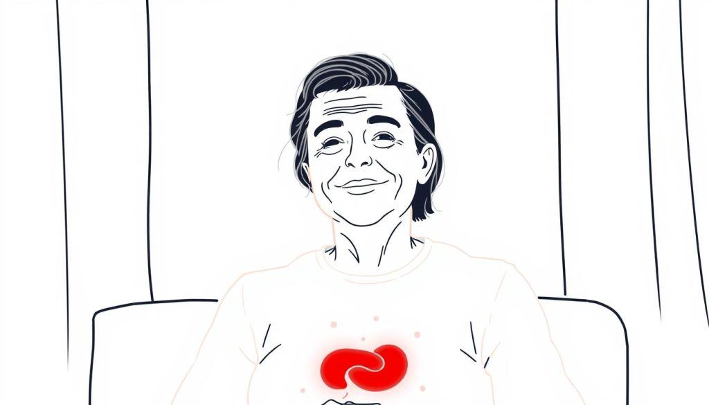 Line drawing of a person experiencing relief from irritable bowel syndrome symptoms after red light therapy treatment