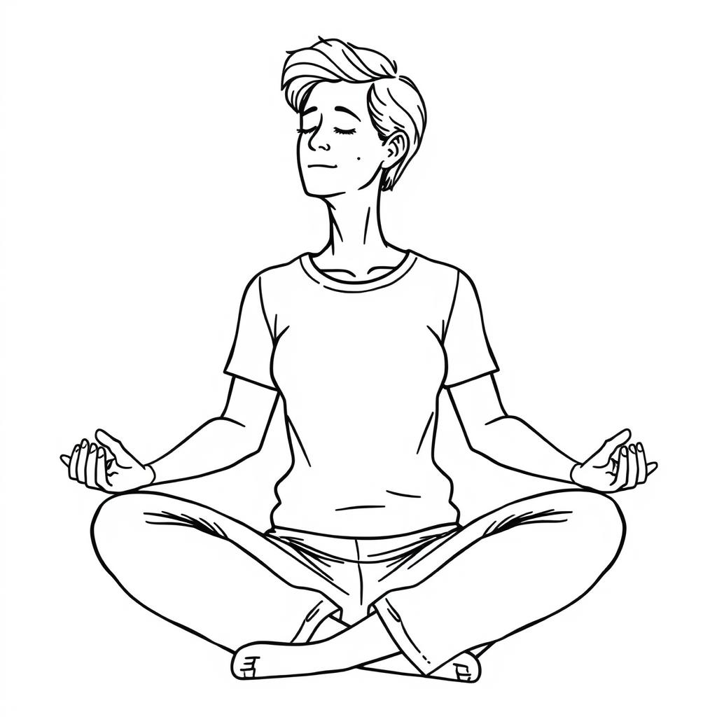 Line drawing of a person practicing mindfulness meditation to support brain recovery alongside red light therapy for concussion
