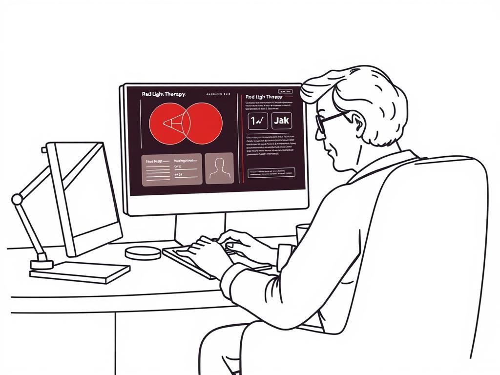 Line drawing of a person researching answers about red light therapy for irritable bowel syndrome on a computer
