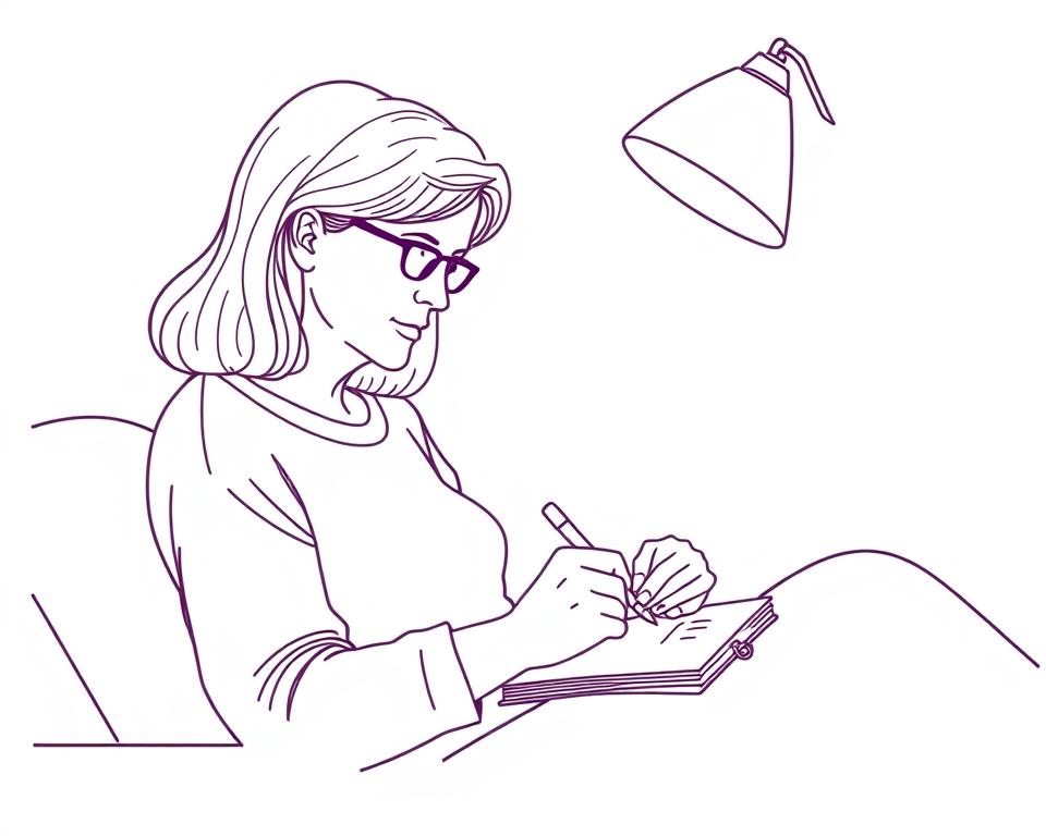 Line drawing of a person tracking progress with red light therapy for constipation in a journal
