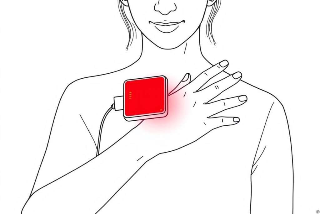 Line drawing of a person using a Total Spectrum Mini red light therapy device to treat a wart