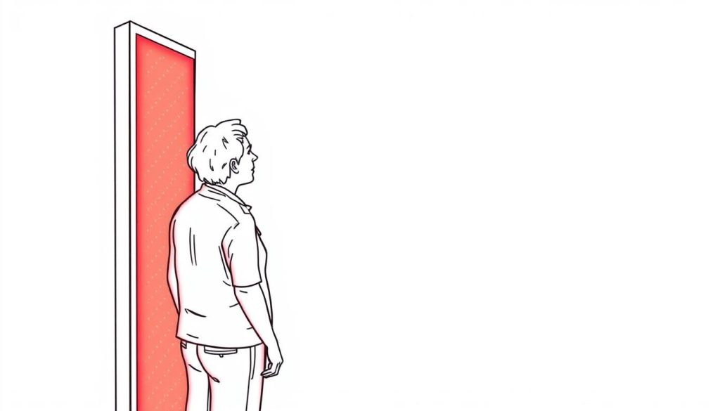 Line drawing of a person using a full-body red light therapy panel for treating lichen sclerosus