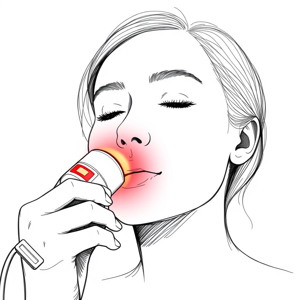 Line drawing of a person using a handheld red light therapy device on perioral dermatitis around the mouth