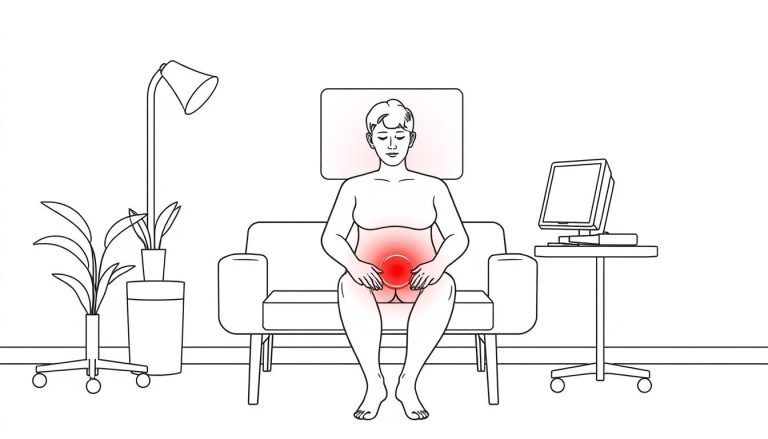 Line drawing of a person using a red light therapy panel for hemorrhoid relief