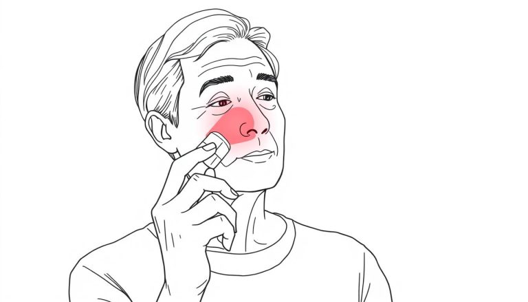 Line drawing of a person using red light therapy for nose treatment