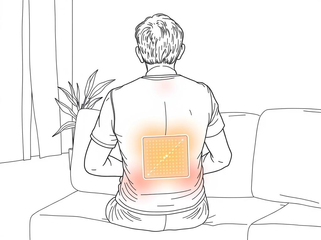 Line drawing of a person using red light therapy for spinal stenosis treatment at home