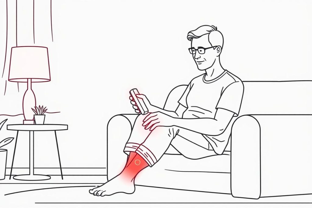 Line drawing of a person using red light therapy on their sprained ankle at home