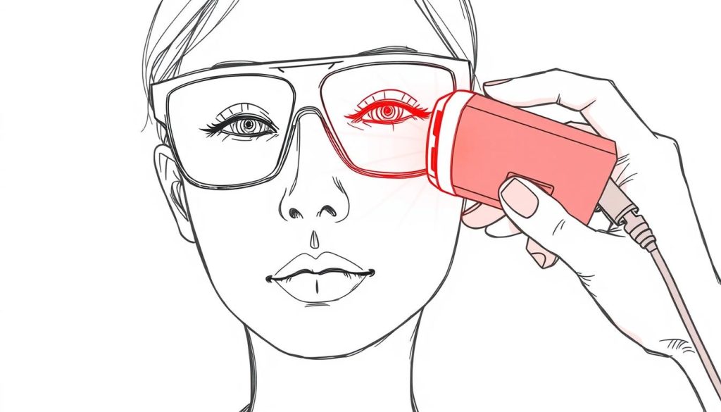 Line drawing of a person wearing eye protection while using red light therapy for perioral dermatitis
