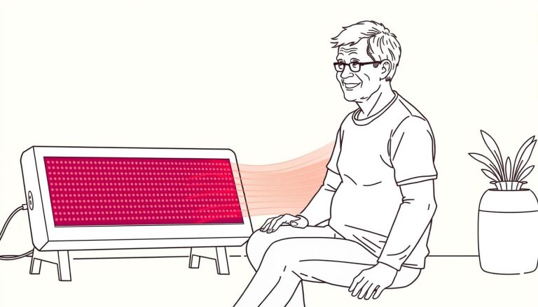 Line drawing of a person with Lyme disease symptoms using red light therapy panel, showing red light wavelengths targeting inflamed joints