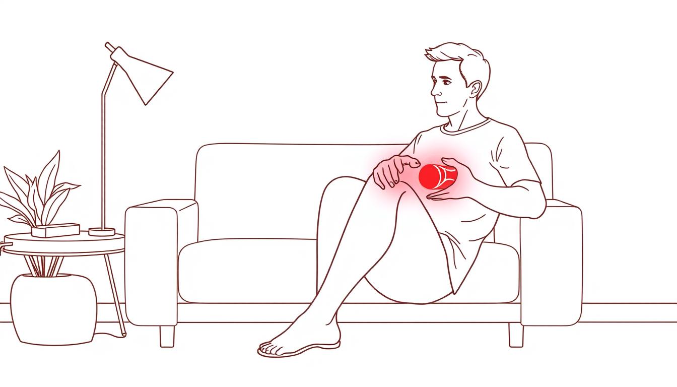 Line drawing of a person with a torn meniscus using red light therapy on their knee