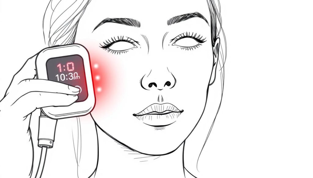 Line drawing of a person with perioral dermatitis using red light therapy with a timer showing recommended treatment duration
