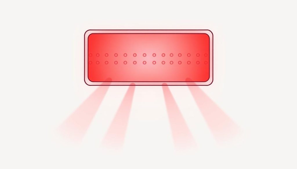 Line drawing of a red light therapy panel with multiple wavelength indicators for treating Peyronie's disease