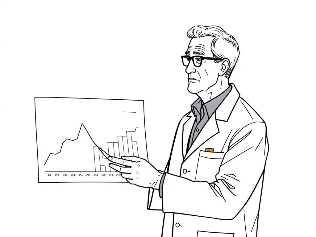 Line drawing of a researcher examining clinical data charts showing red light therapy effects on irritable bowel syndrome inflammation markers