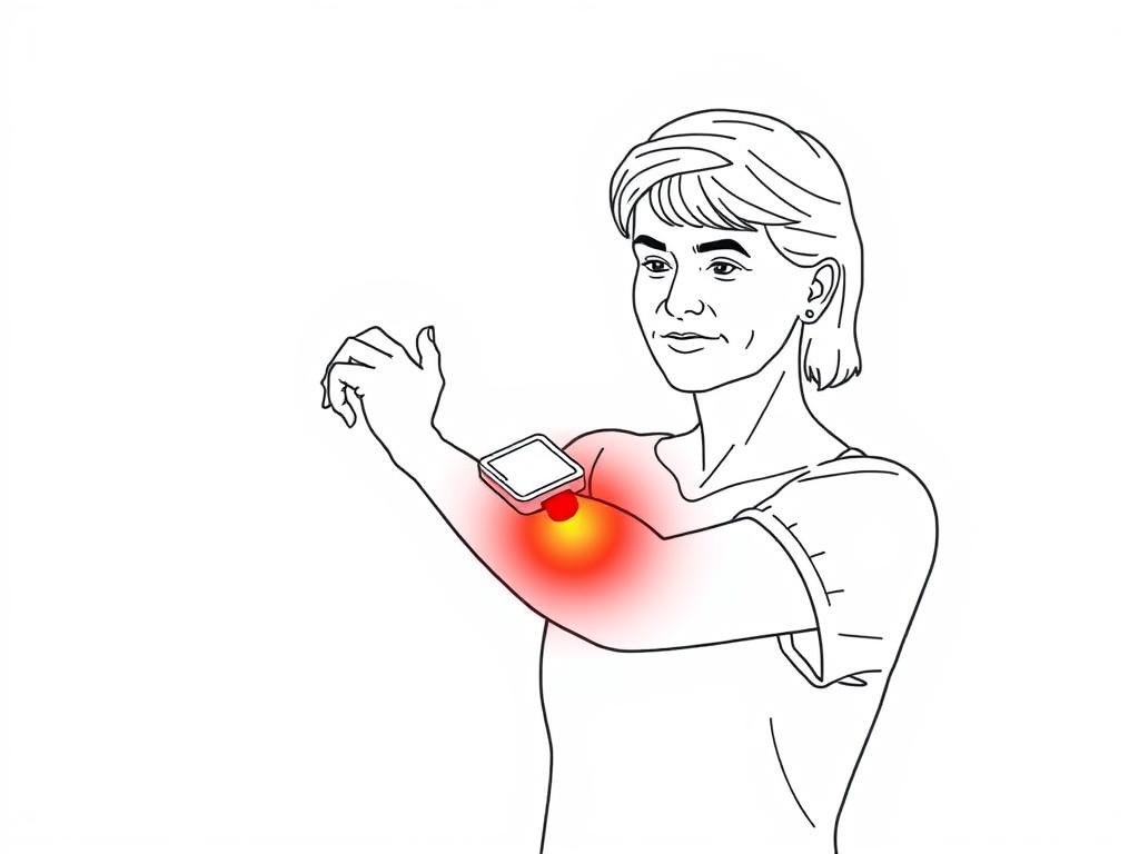 Line drawing of a small device being used for targeted red light therapy on tennis elbow
