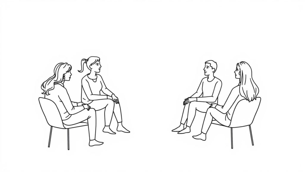 Line drawing of a support group for men with Peyronie's disease discussing treatment options