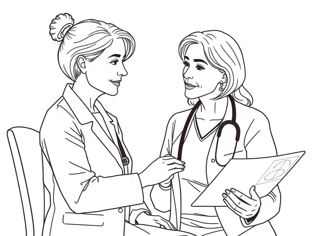 Line drawing of a woman consulting with a doctor about red light therapy for ovarian cysts