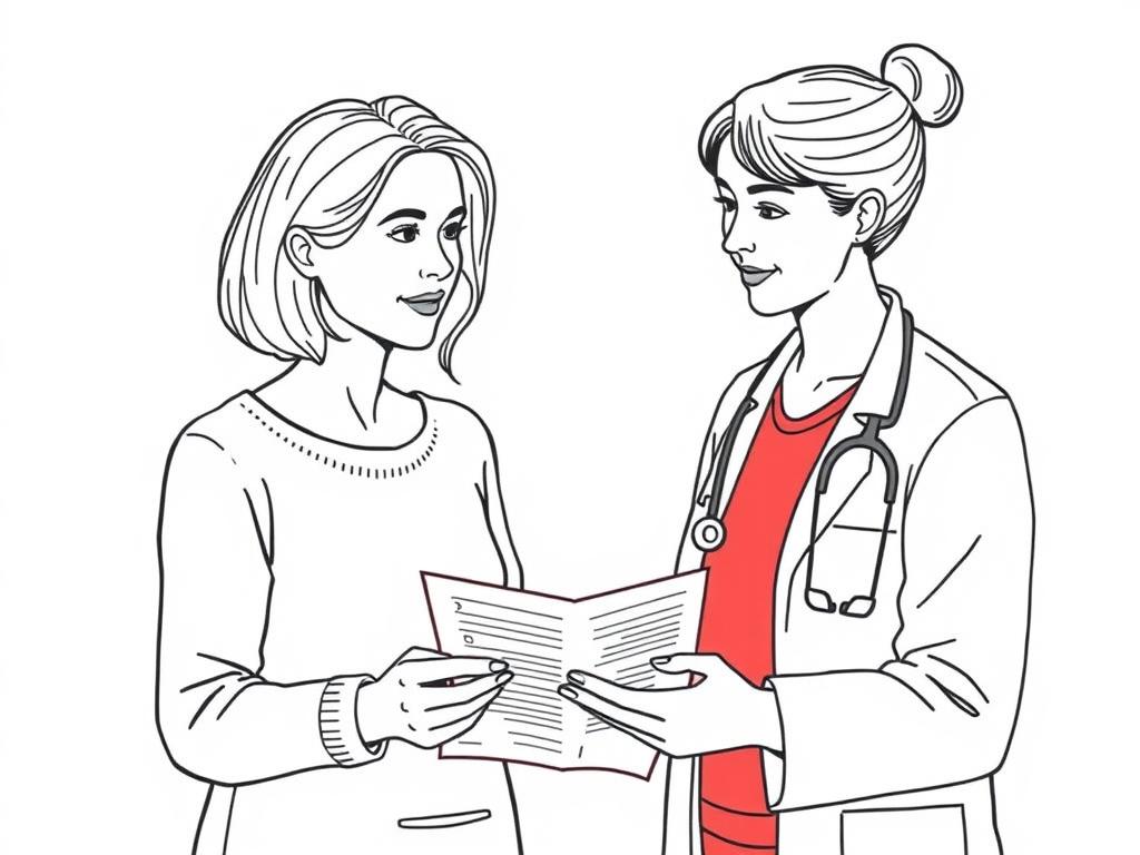 Line drawing of a woman discussing red light therapy for ovarian cysts with a healthcare provider