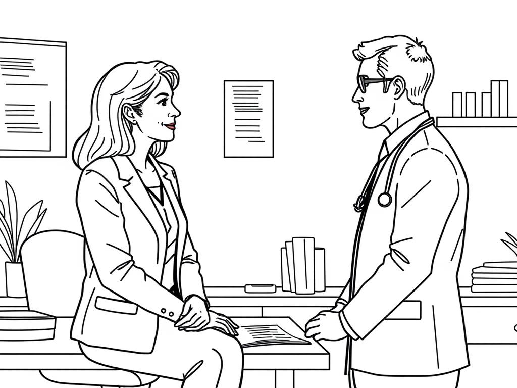 Line drawing of a woman discussing red light therapy for vulvodynia with a healthcare provider