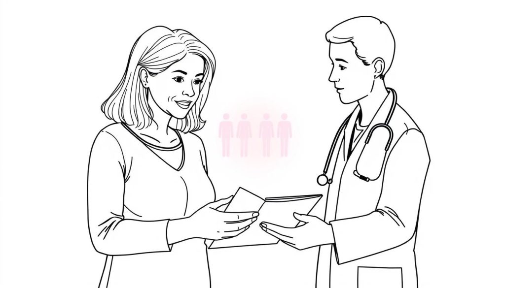 Line drawing of a woman discussing red light therapy options with a healthcare provider