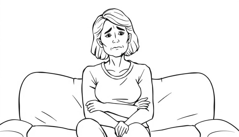 Line drawing of a woman experiencing discomfort from a yeast infection, considering red light therapy as a treatment option