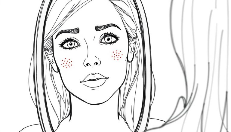 Line drawing of a woman in her 40s with perioral dermatitis examining her face in a mirror, showing red bumps around the mouth area