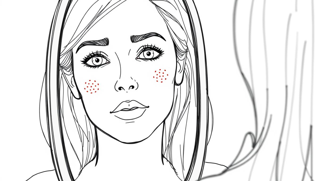 Line drawing of a woman in her 40s with perioral dermatitis examining her face in a mirror, showing red bumps around the mouth area