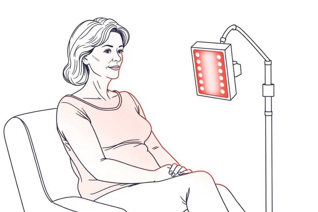 Line drawing of a woman in her 50s receiving red light therapy treatment for lichen sclerosus