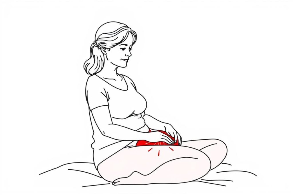 Line drawing of a woman receiving red light therapy treatment for fibroids