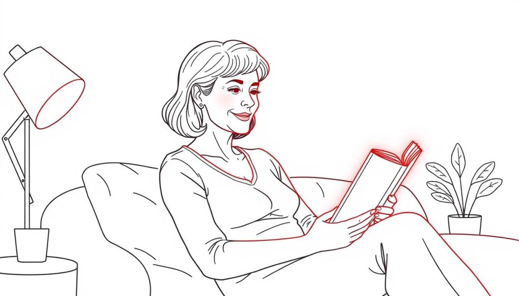 Line drawing of a woman relaxing at home after a red light therapy session for vulvodynia