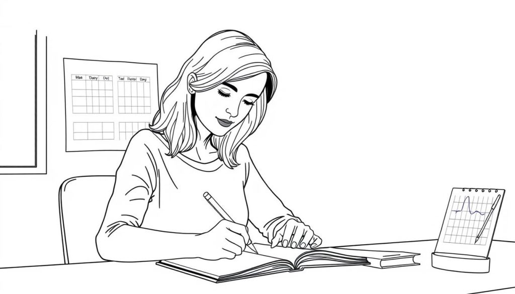 Line drawing of a woman tracking her progress with red light therapy for ovarian cysts in a journal