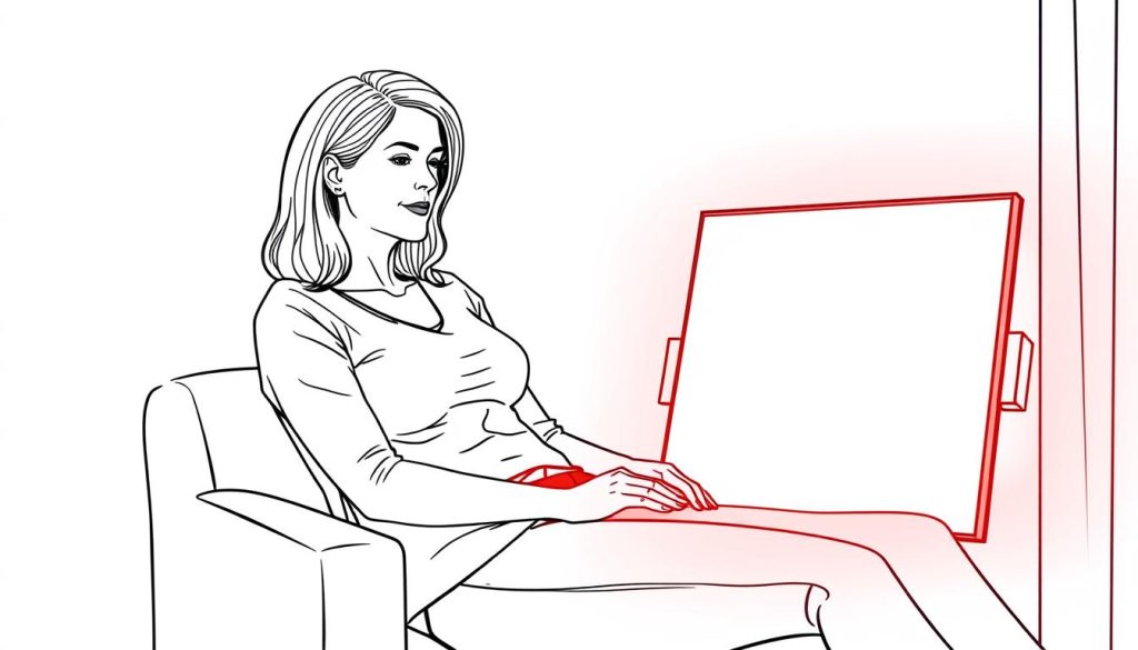 Line drawing of a woman using a red light therapy panel directed at the lower abdomen for UTI relief
