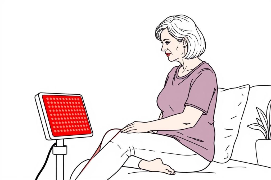 Line drawing of a woman using a red light therapy panel for treating a yeast infection at home