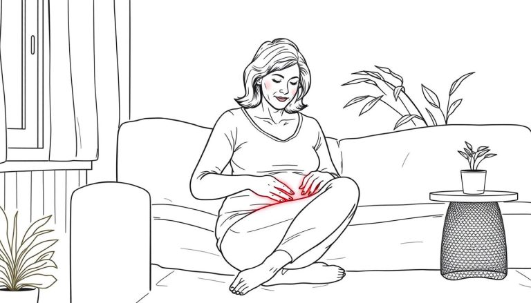 Line drawing of a woman using red light therapy for vulvodynia at home