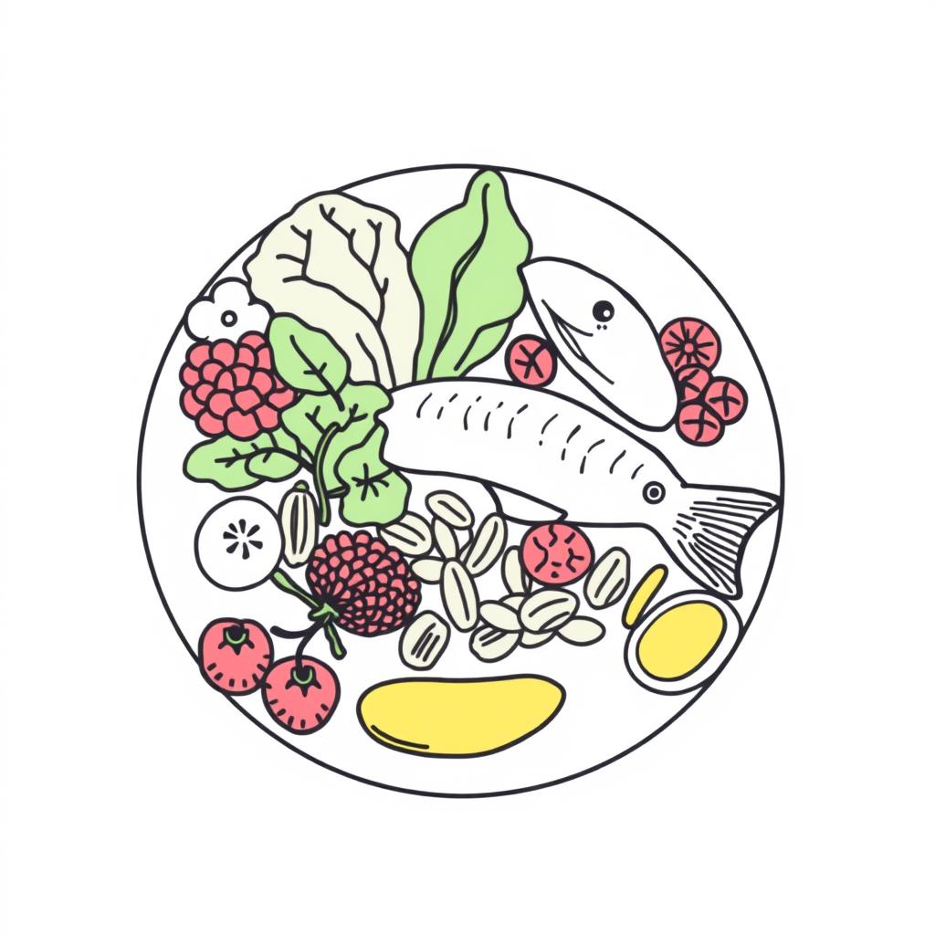 Line drawing of brain-healthy foods including omega-3 rich fish, berries, and nuts that support red light therapy for concussion recovery