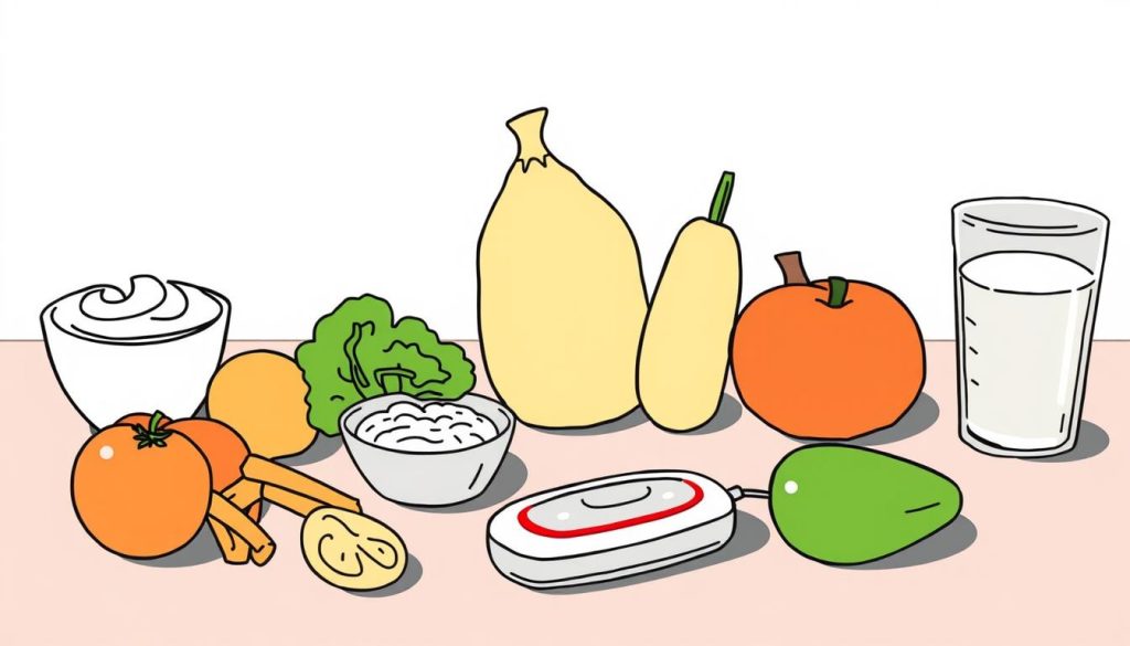 Line drawing of dietary elements that support gut health alongside red light therapy for irritable bowel syndrome