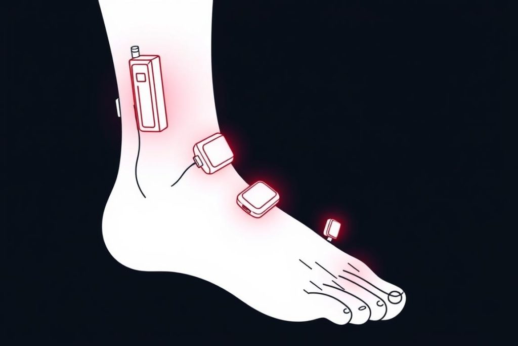 Line drawing of different red light therapy devices for sprained ankle treatment