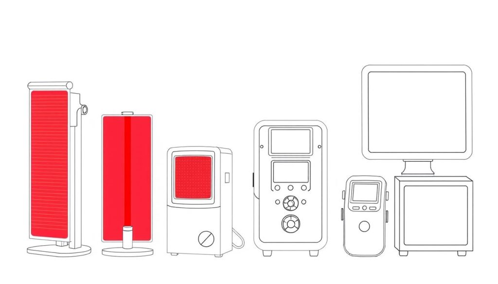 Line drawing of different red light therapy devices including panels and handheld units for treating lichen sclerosus