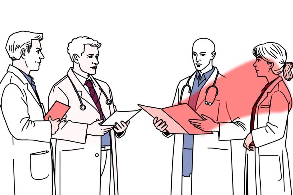 Line drawing of medical professionals discussing red light therapy protocols for lichen sclerosus treatment