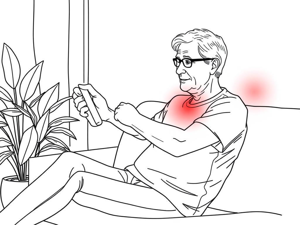 Line drawing of person using red light therapy at home for tennis elbow treatment