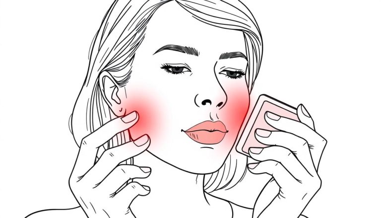 Line drawing of red light therapy for herpes treatment showing a middle-aged woman using a red light panel on facial area
