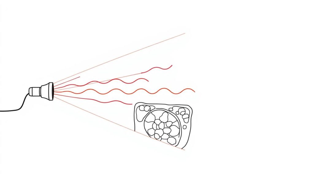 Line drawing of red light therapy wavelengths penetrating tissue to reach uterine fibroids