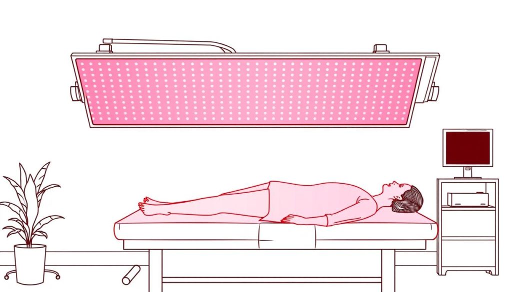 Line drawing of the Total Spectrum Ultra panel with motorized stand for full-body red light therapy treatment of irritable bowel syndrome