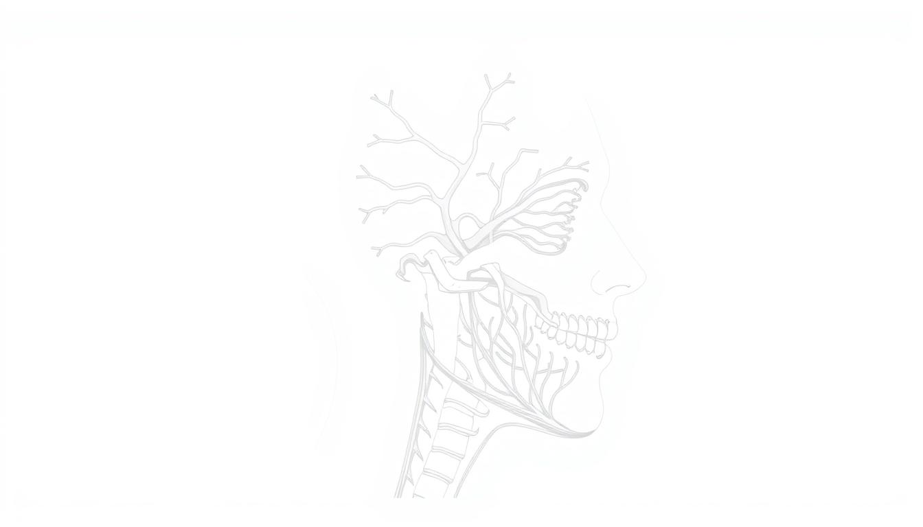 Line drawing of trigeminal nerve branches and pain distribution for trigeminal neuralgia