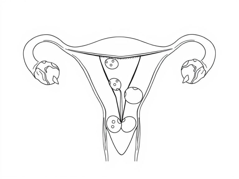 Line drawing of uterine fibroids showing different types and locations within the uterus