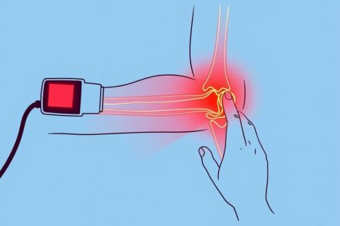 Line drawing showing anatomy of tennis elbow with red light therapy application