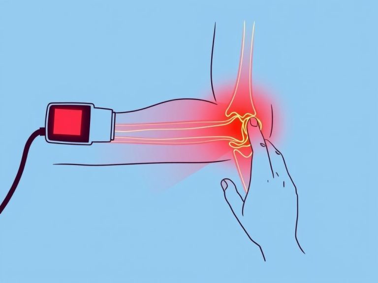 Line drawing showing anatomy of tennis elbow with red light therapy application