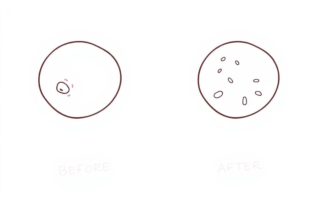 Line drawing showing before and after comparison of herpes lesion treated with red light therapy