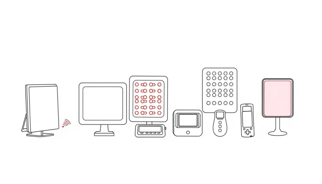 Line drawing showing different red light therapy device options for treating vulvodynia at home