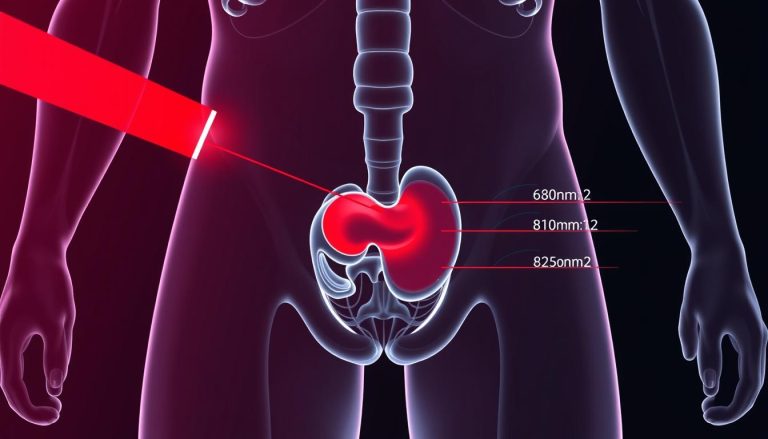 Line drawing showing different wavelengths of red light therapy penetrating to the prostrate