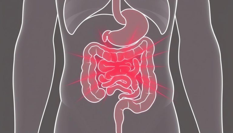 Line drawing showing how red light therapy penetrates abdominal tissue to reach the digestive tract for irritable bowel syndrome treatment